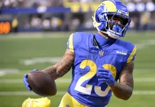 Week 9 NFL First Touchdown Scorer Bets Los Angeles Rams running back Kyren Williams (23) celebrates after scoring on a run against the Las Vegas Raiders