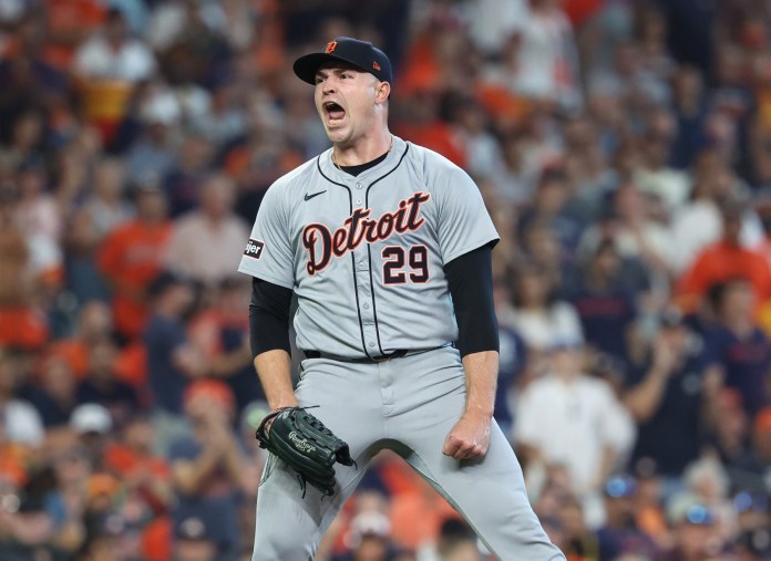 MLB: Playoffs-Detroit Tigers at Houston Astros Detroit Tigers pitcher Tarik Skubal (29) reacts after striking out a batter during the sixth inning of Game 1 of the Wild Card round against the Houston Astros at Minute Maid Park on October 1, 2024.