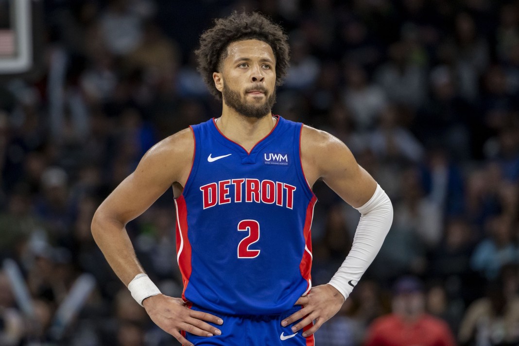 Pistons star Cade Cunningham looks on in a game against the Timberwolves.