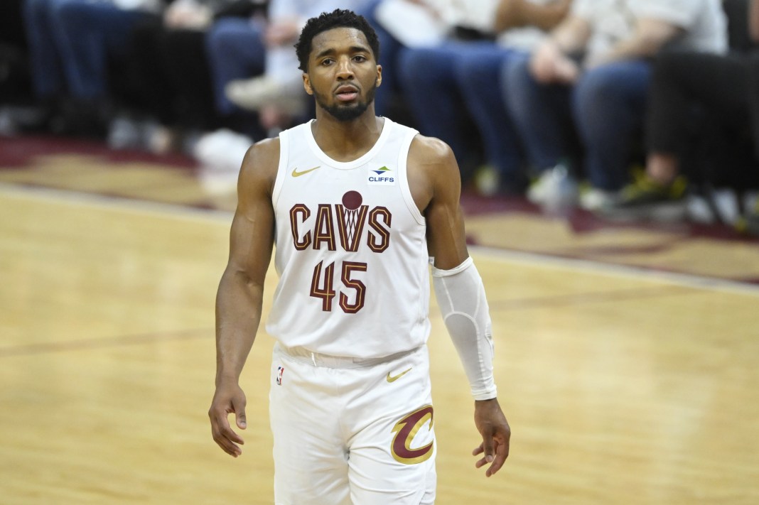 Cavaliers star Donovan Mitchell walks in a game against the Celtics in the NBA Playoffs.