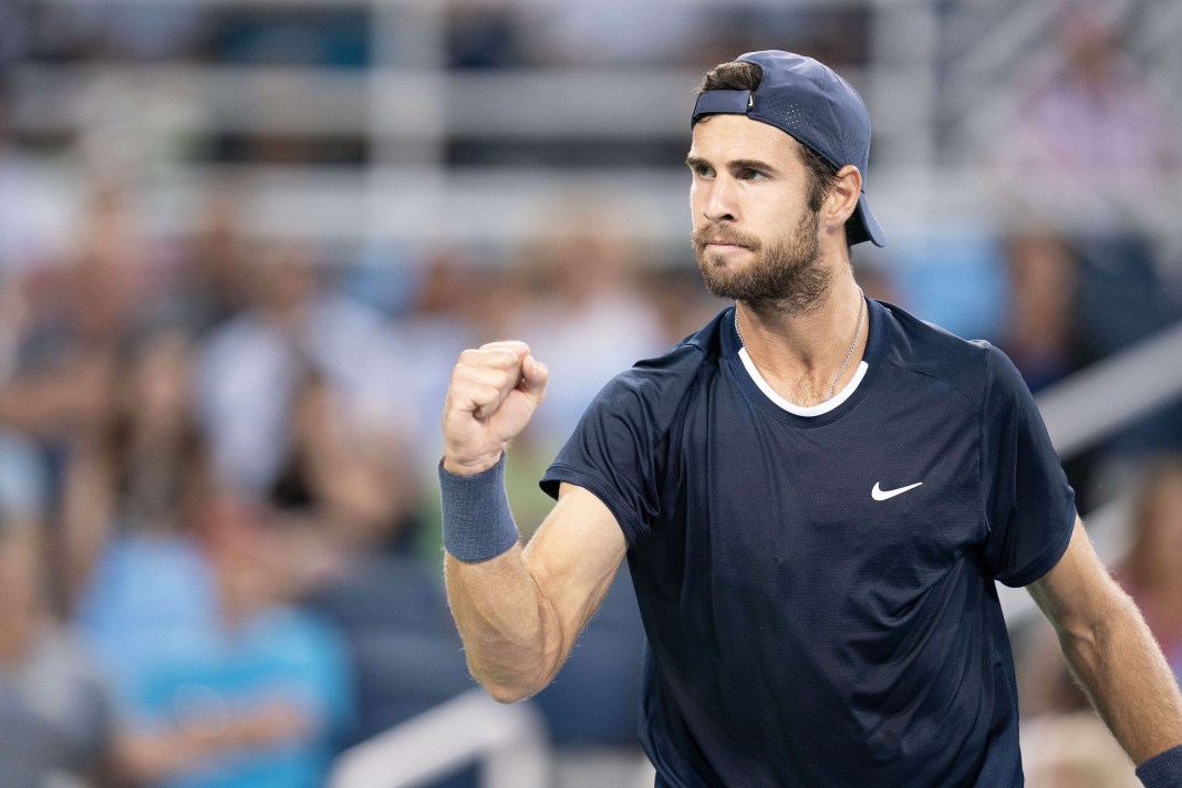 Karen Khachanov reacts to a point in his match against Francisco Cerundolo in Cincinnati.