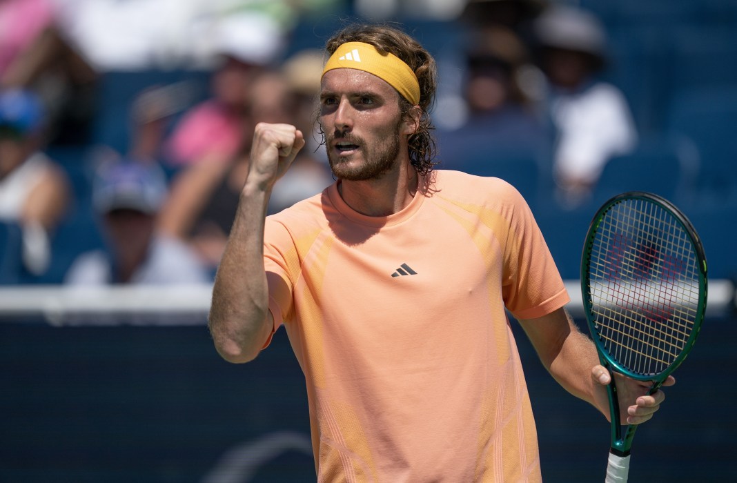 Stefanos Tsitsipas reacts to a point during his match with Jan-Lennard Struff in Cincinnati.