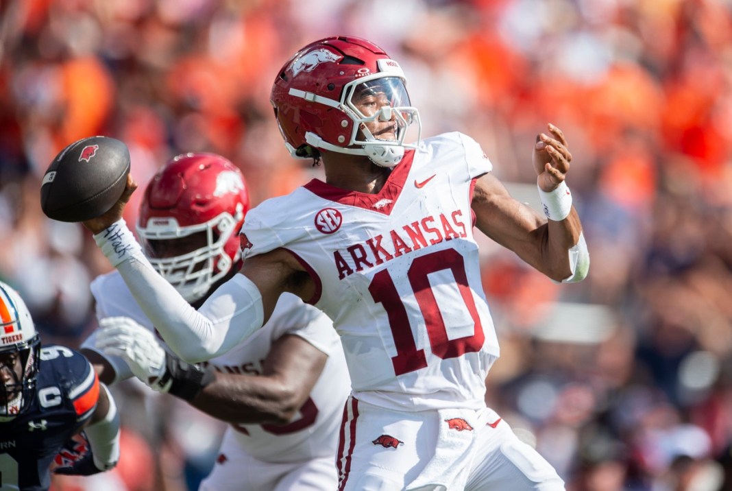 Arkansas quarterback Taylen Green throws a pass against Auburn.