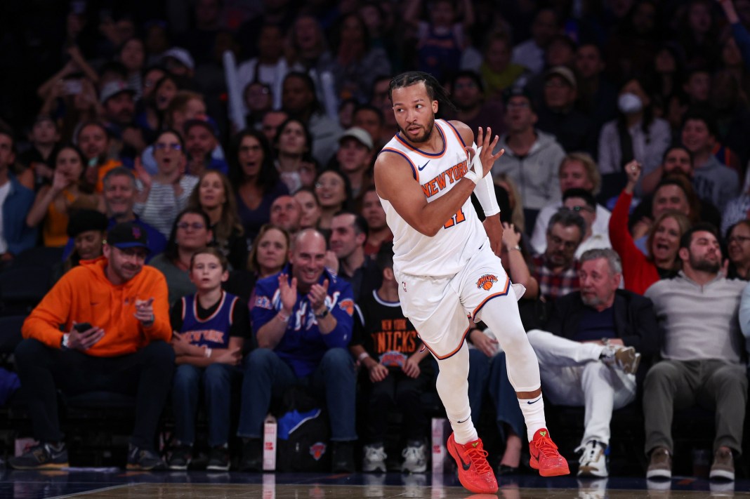 Knicks star Jalen Brunson celebrates a made 3 in a game against the Wizards in the preseason.