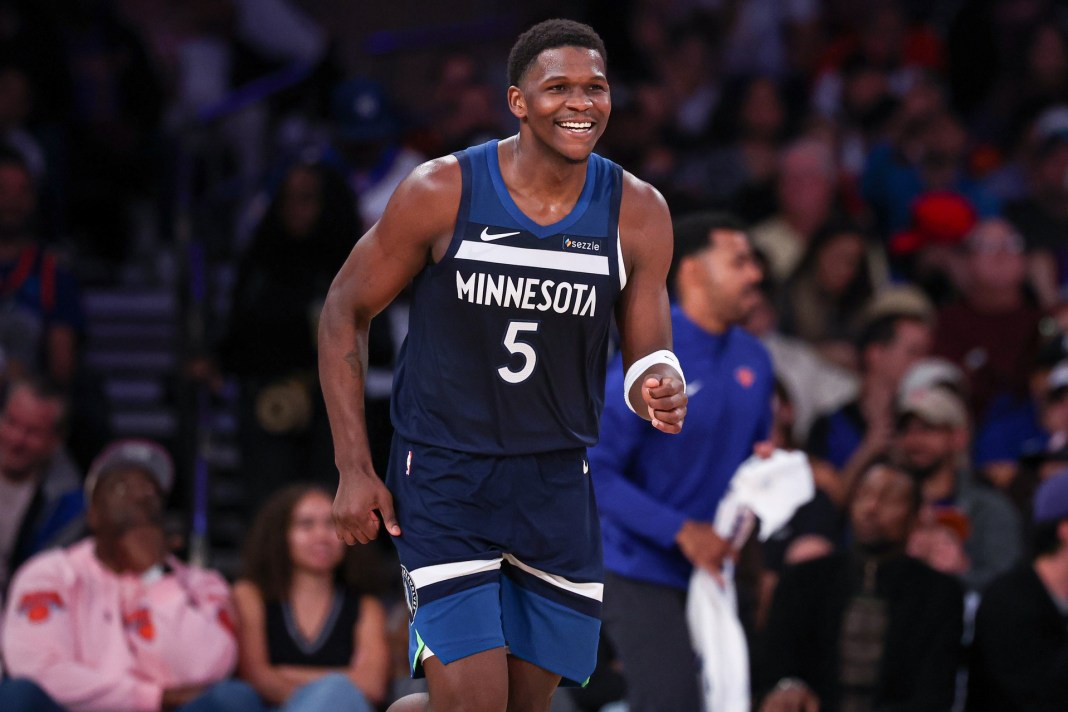 Timberwolves star Anthony Edwards reacts in a preseason game against the Knicks.