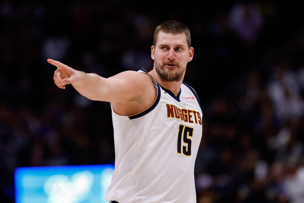 Nuggets superstar Nikola Jokic reacts to a play in a game against the Suns in preseason.