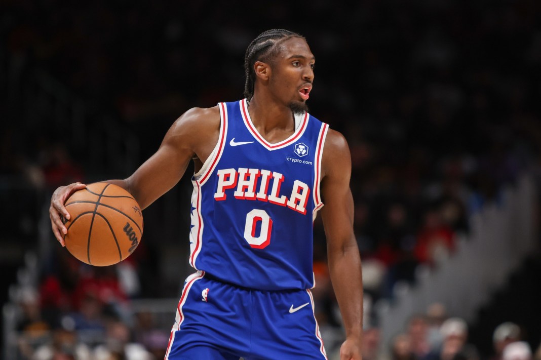 Sixers guard Tyrese Maxey looks to make a play in a preseason game against the Hawks.