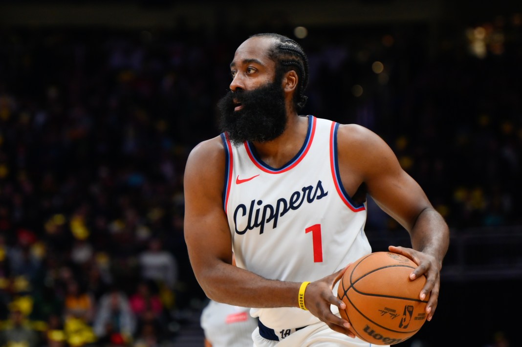 Clippers guard James Harden looks to make a play against the Blazers in a preseason game.