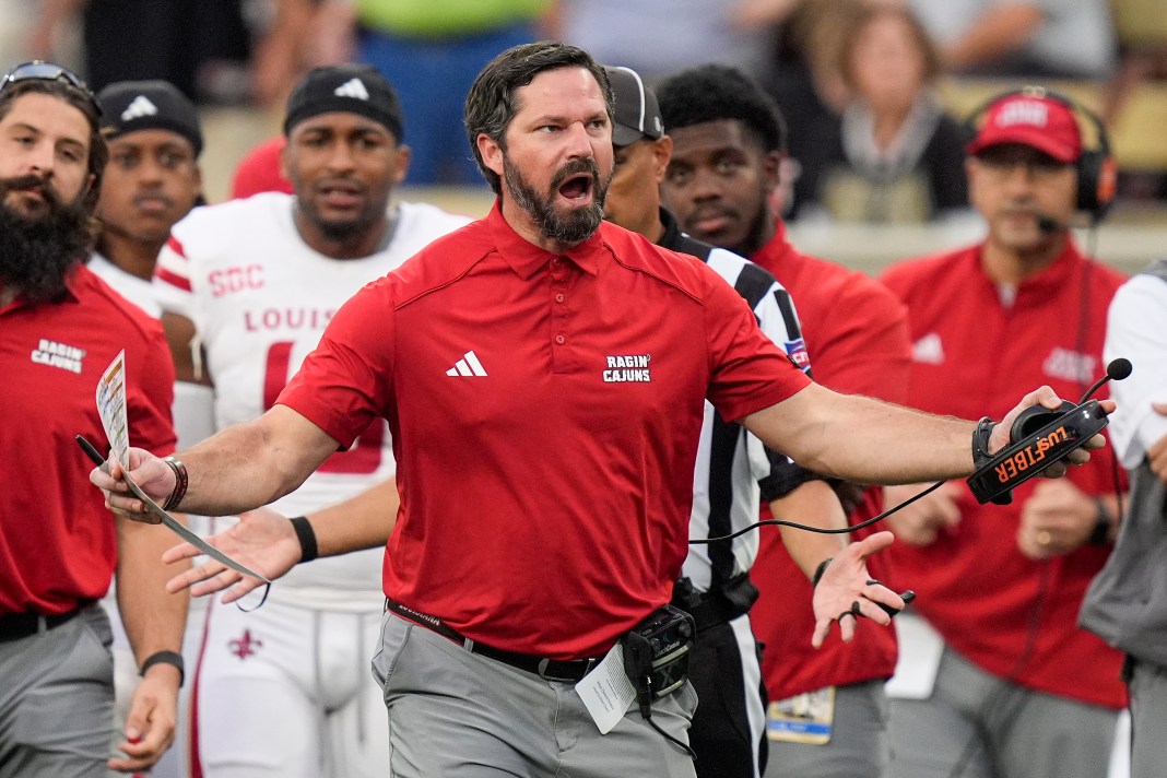 Louisiana-Lafayette Ragin Cajuns head coach Michael Desormeaux reacts to a targeting call during the second half against the Wake Forest Demon Deacons.