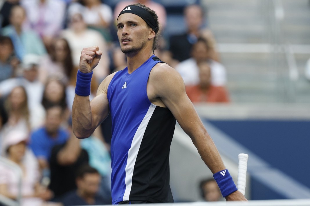 Alexander Zverev celebrates a big point won against Brandon Nakashima at the 2024 US Open.