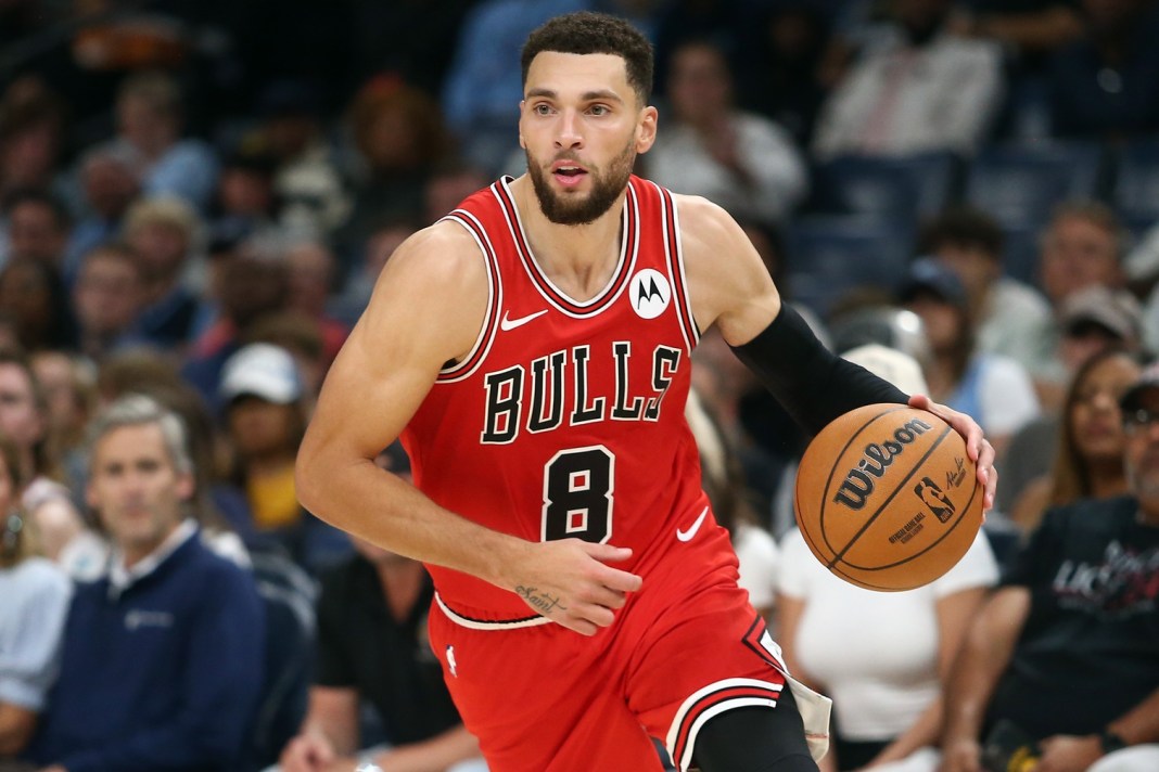 Bulls guard Zach LaVine drives to the basket in a game against the Grizzlies in the 2024-25 season.