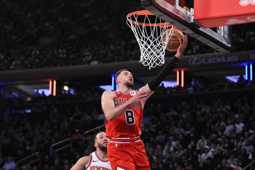 Bulls guard Zach LaVine goes up for a layup against the Knicks during the 2024-25 NBA season.