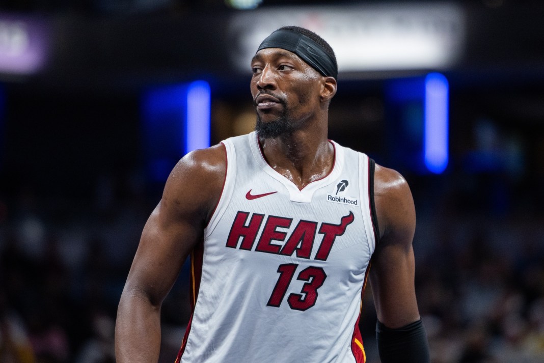 Heat center Bam Adebayo looks around in a game against the Pacers in the 2024-25 NBA season.