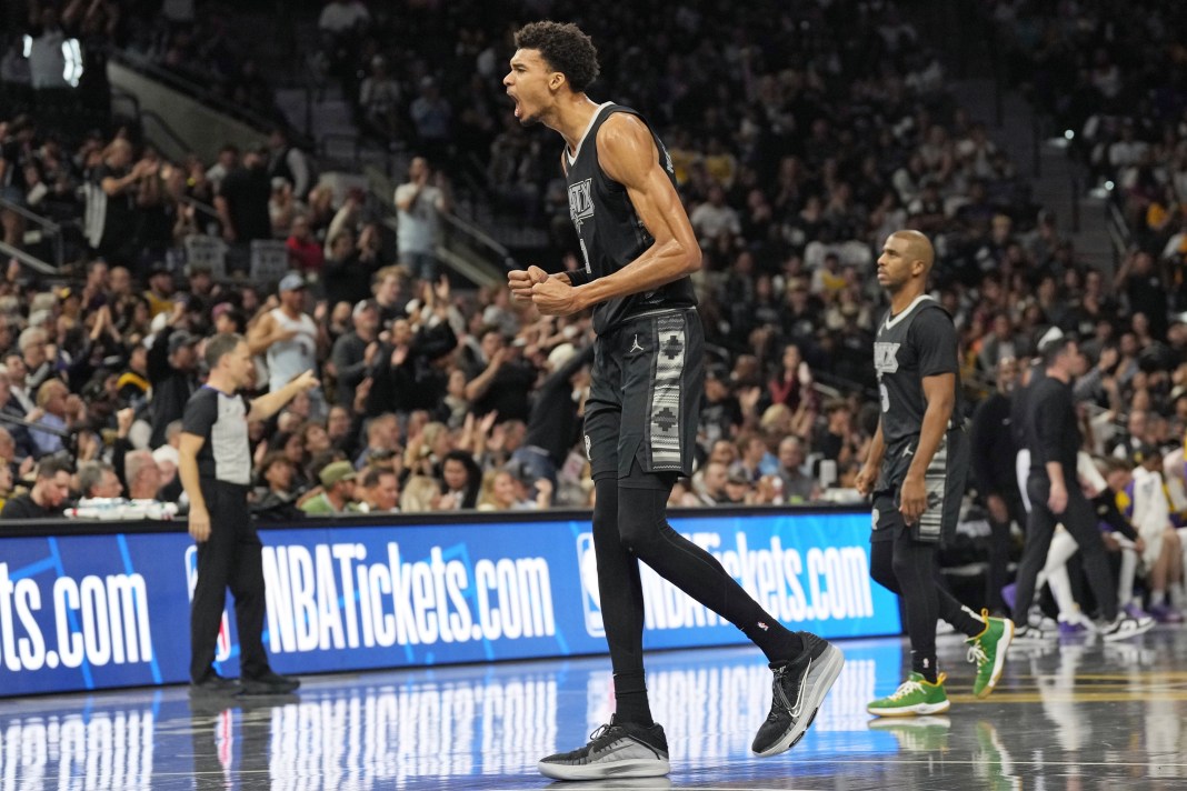 Spurs star Victor Wembanyama reacts to a play against the Lakers in the 2024-25 NBA season.