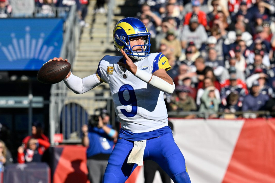 Rams star Matthew Stafford throws a pass against the Patriots in Week 11 of the 2024 NFL season.