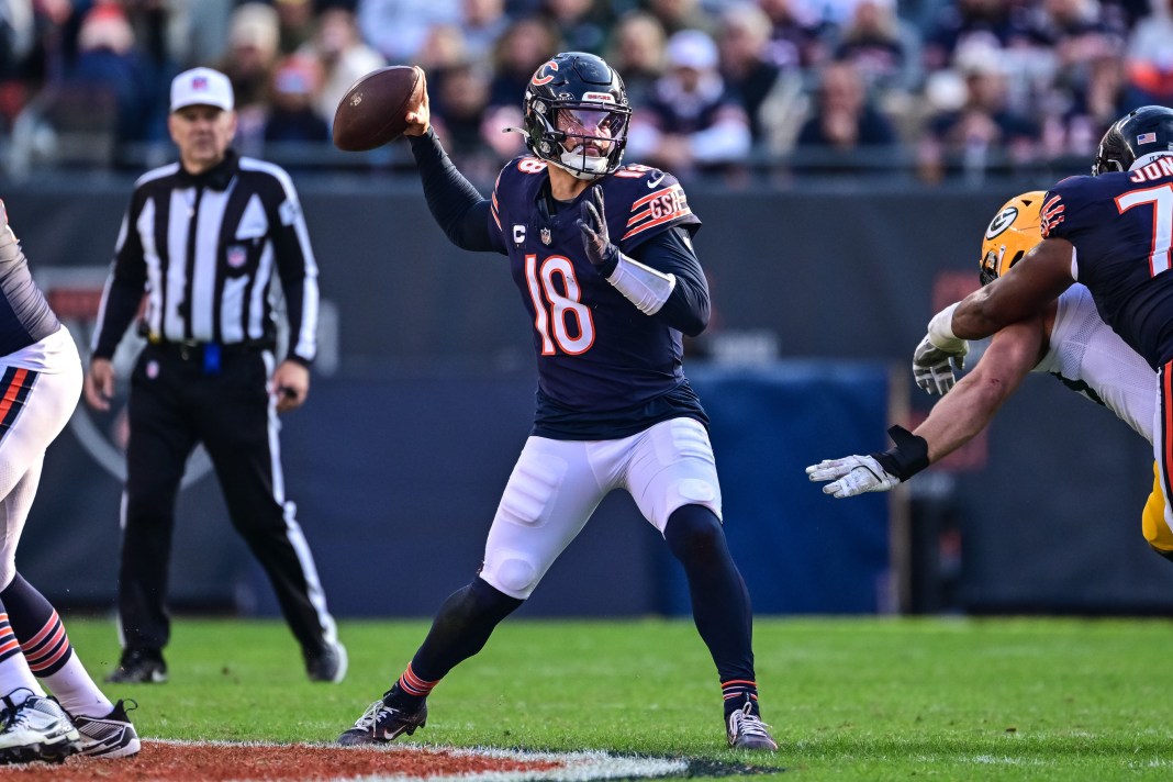 Bears rookie Caleb Williams looks to throw against the Packers in the 2024 NFL season.