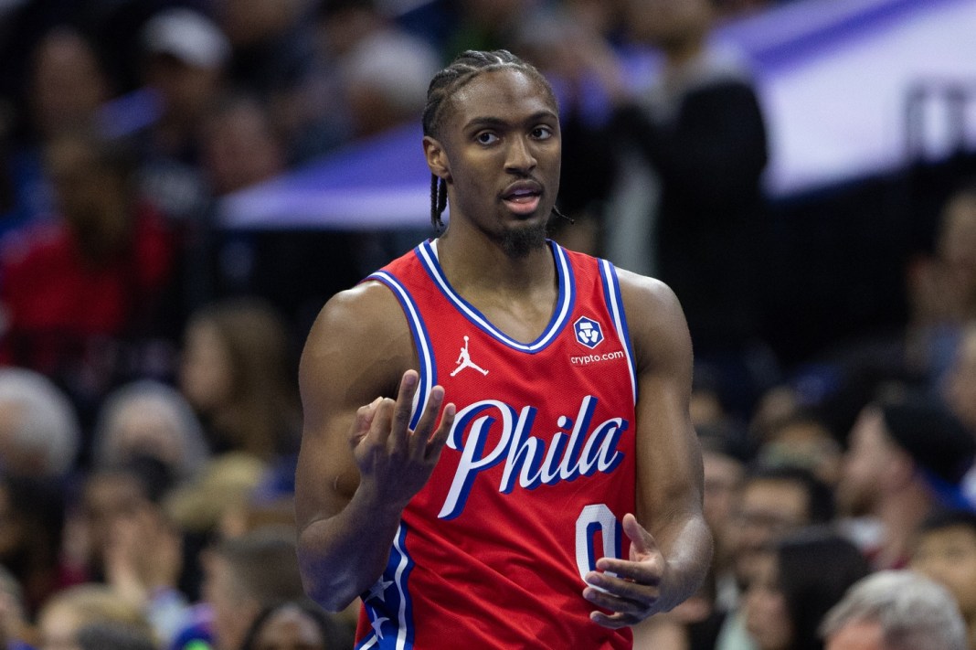 Sixers star Tyrese Maxey celebrates a made three against the Nets during the 2024-25 NBA season.