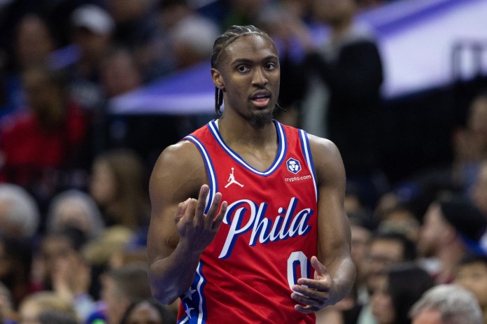 Sixers star Tyrese Maxey celebrates a made three against the Nets during the 2024-25 NBA season.