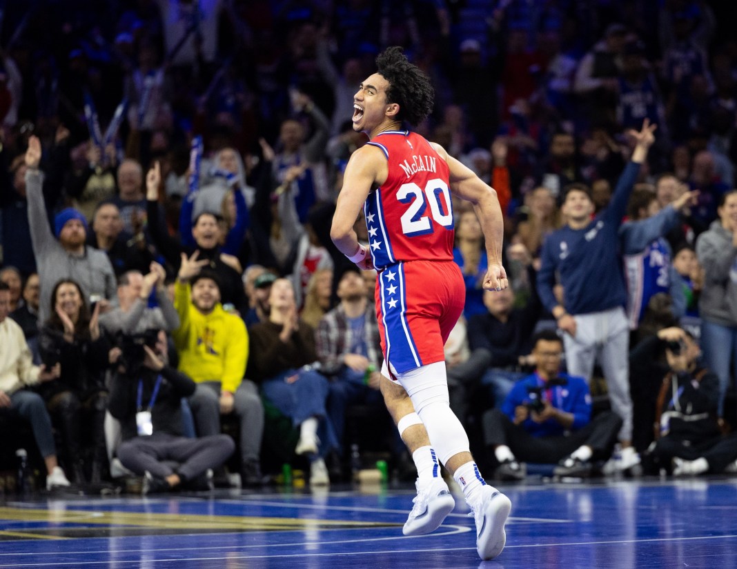 Sixers rookie Jared McCain celebrates a made three against the Nets during the 2024-25 NBA season.