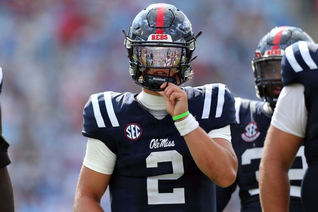 Mississippi Rebels quarterback Jaxson Dart (2) looks on during the second half against the Oklahoma Sooners