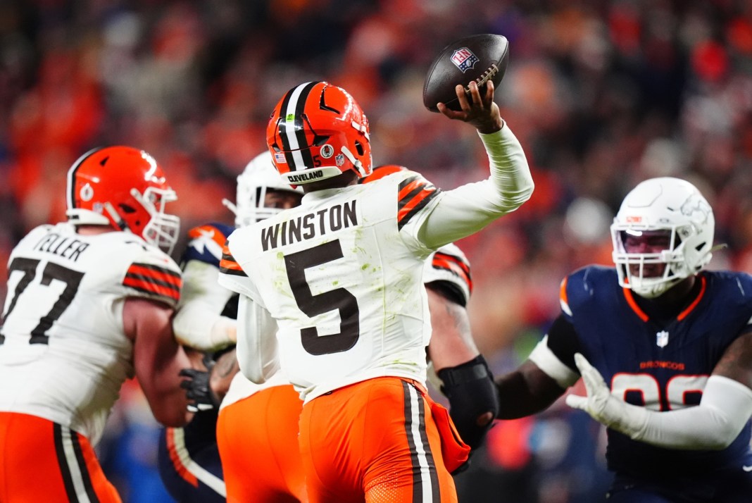 Cleveland Browns quarterback Jameis Winston passes the ball in the second half against the Denver Broncos