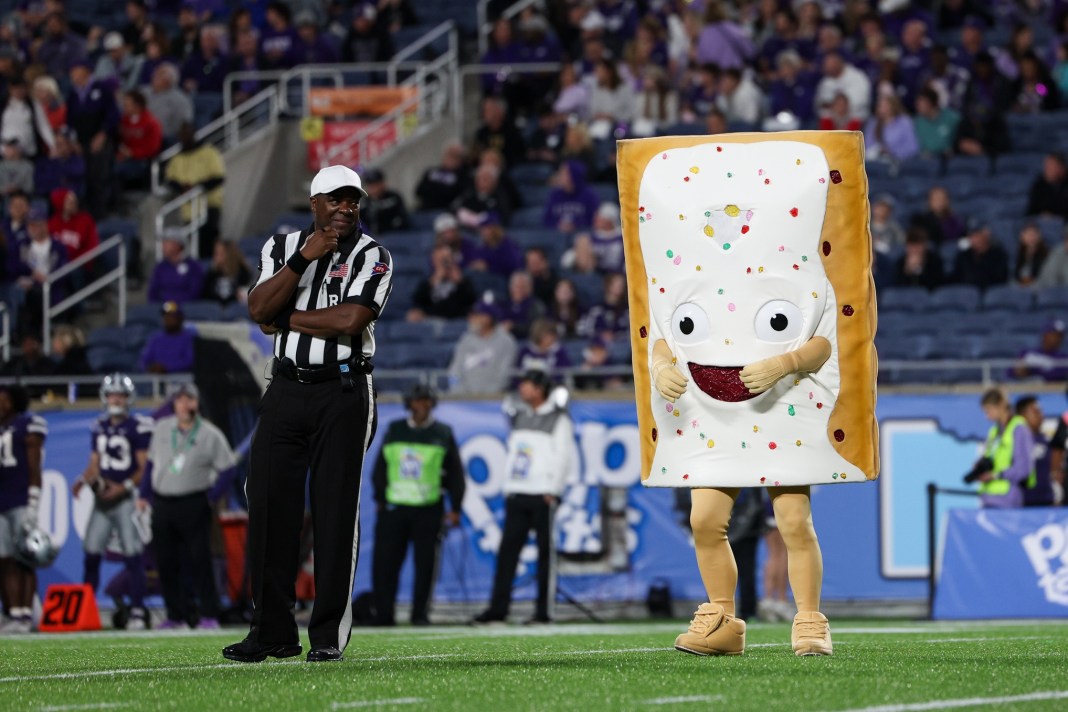 The Pop-Tarts mascot stands on the sidelines in the 2023 Pop-Tarts Bowl.