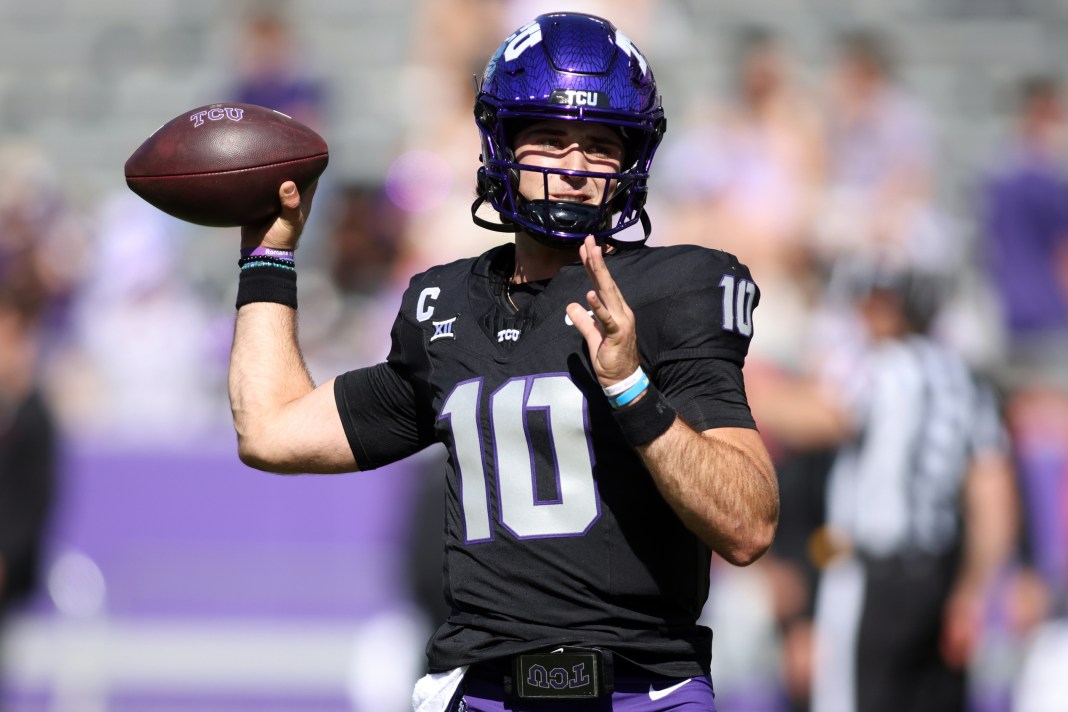 TCU quarterback Josh Hoover warms up against Texas Tech during the 2024 college football season.