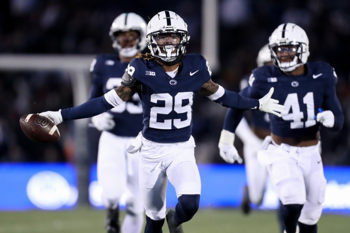 Penn State Nittany Lions cornerback Audavion Collins celebrates after intercepting the ball against the Maryland Terrapins