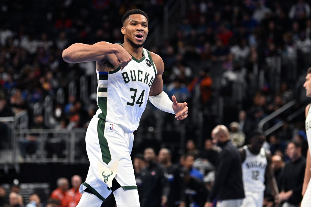 Bucks superstar Giannis Antetokounmpo reacts after making a shot against the Pistons during the 2024-25 NBA season.