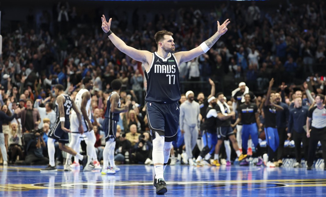 Mavericks star Luka Doncic celebrates a play against the Grizzlies during the 2024-25 NBA season.