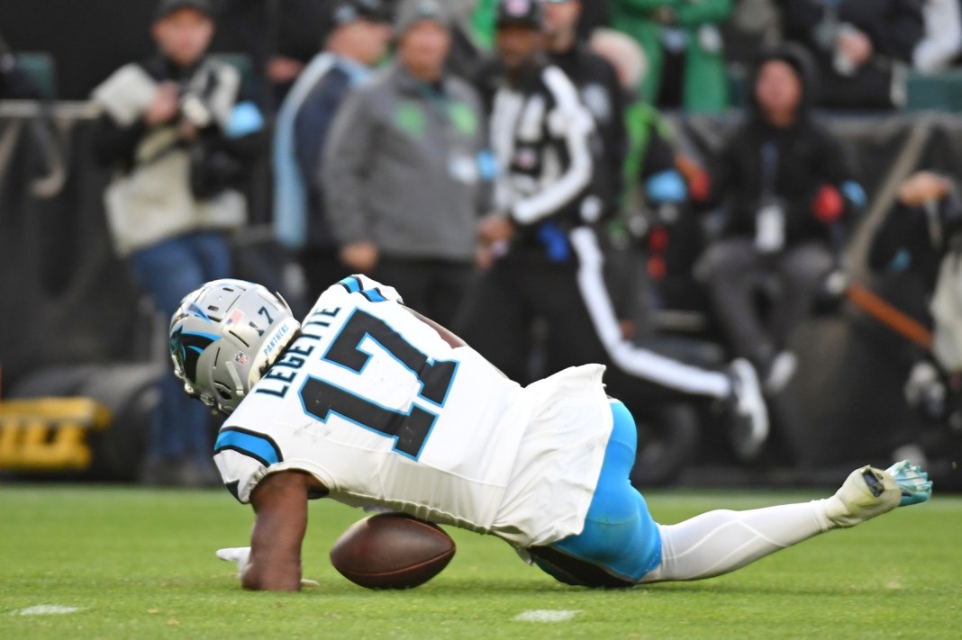 Carolina Panthers wide receiver Xavier Legette can't hang onto the pass late during the fourth quarter against the Philadelphia Eagles