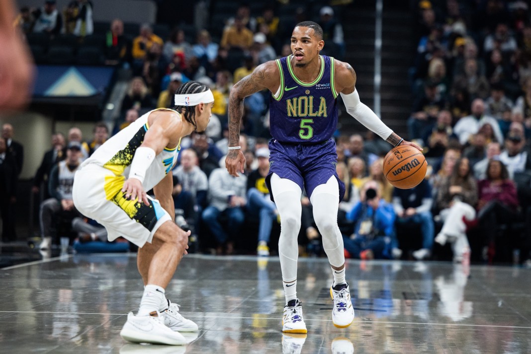 Pelicans guard Dejounte Murray looks to make a play against the Pacers during the 2024-25 NBA season.