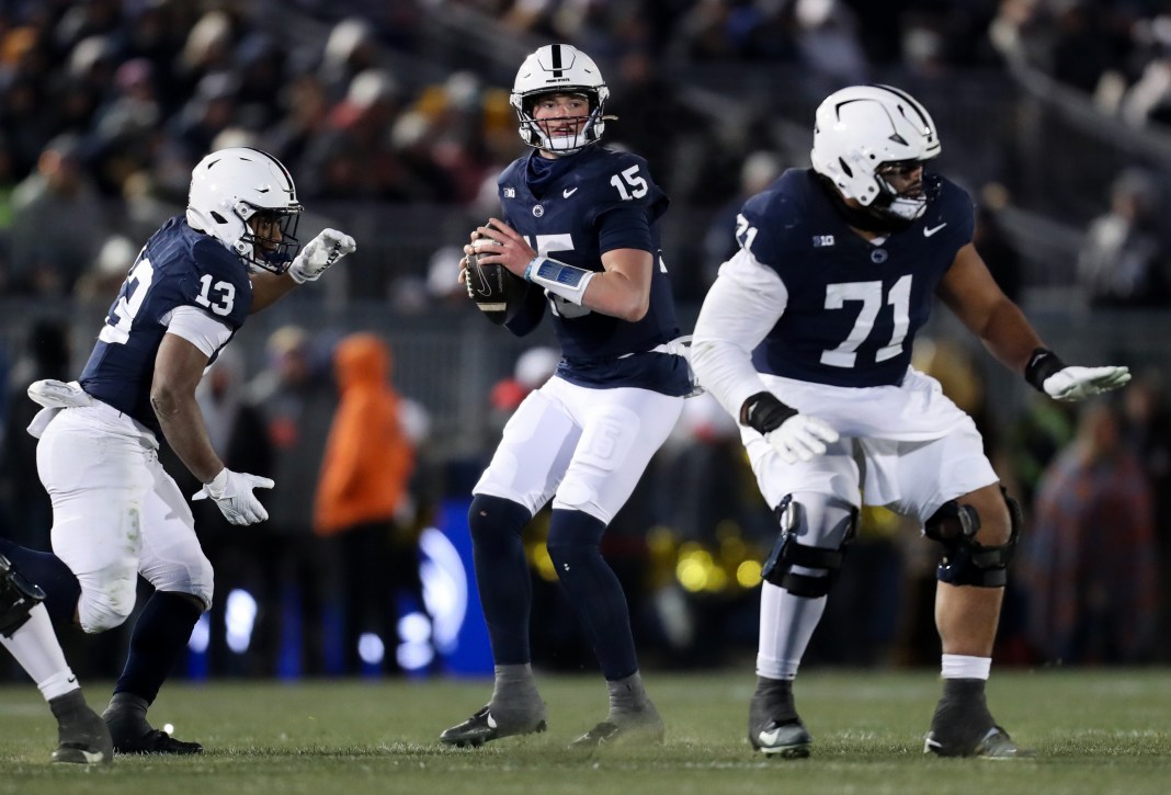 Penn State Nittany Lions quarterback Drew Allar drops back to throw a pass against the Maryland Terrapins