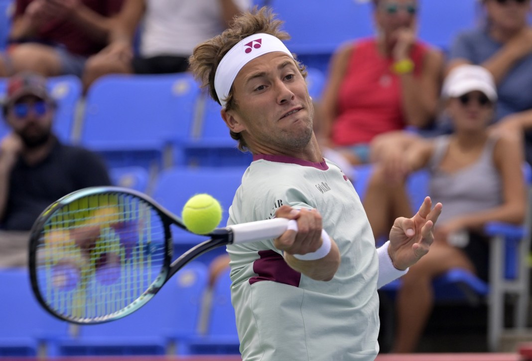 Casper Ruud hits a forehand in Montreal during the 2024 tennis season.