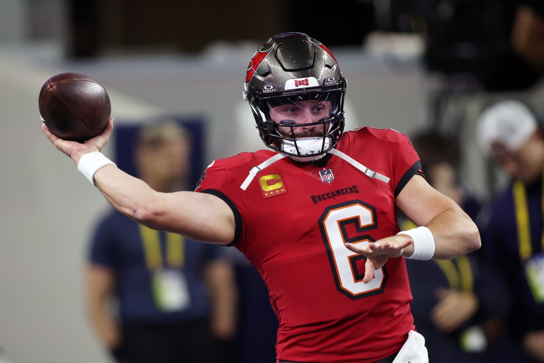 Buccaneers quarterback Baker Mayfield throws the ball against the Cowboys during the 2024 NFL season.