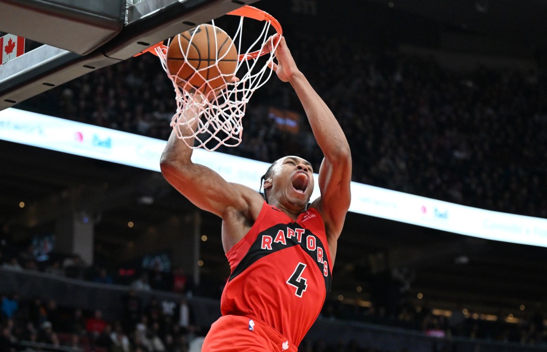 Raptors big man Scottie Barnes throws down a dunk during the 2024-25 NBA season.