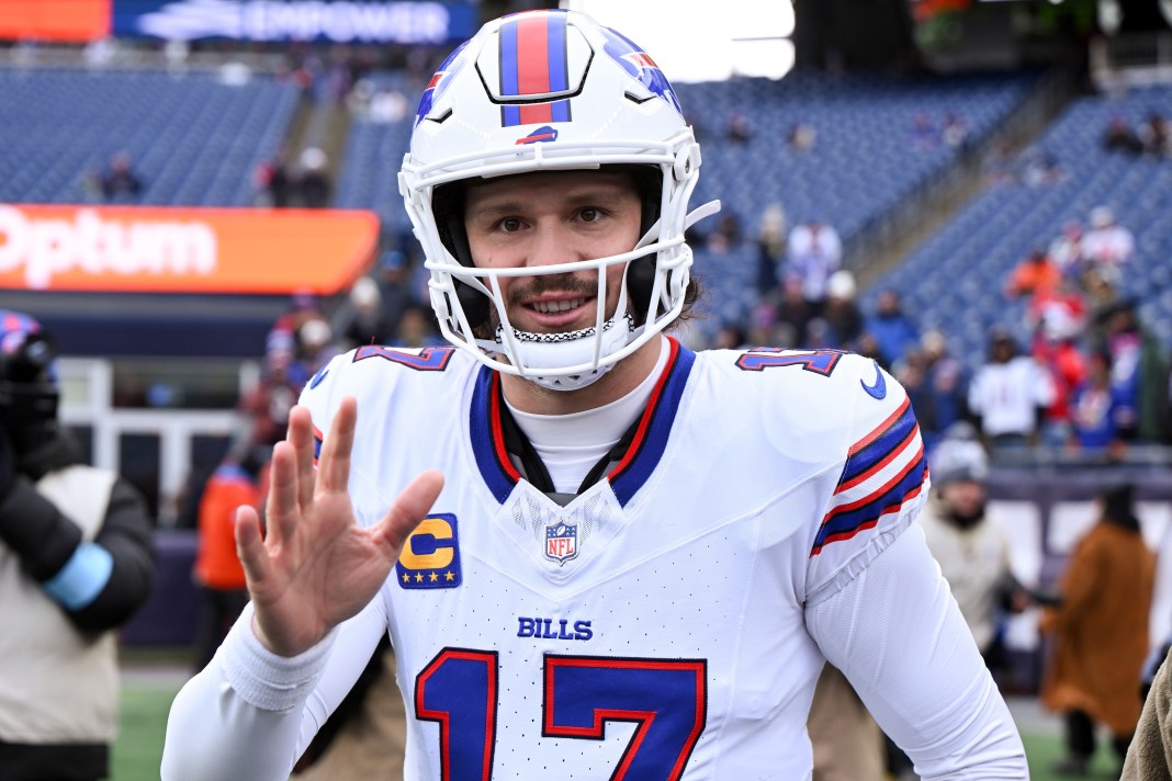 Bills superstar Josh Allen waves to the camera during the 2024 NFL season.