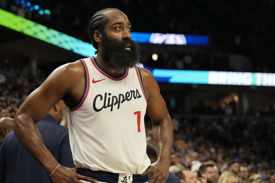 Clippers star James Harden looks on against the Timberwolves during the 2024-25 NBA season.