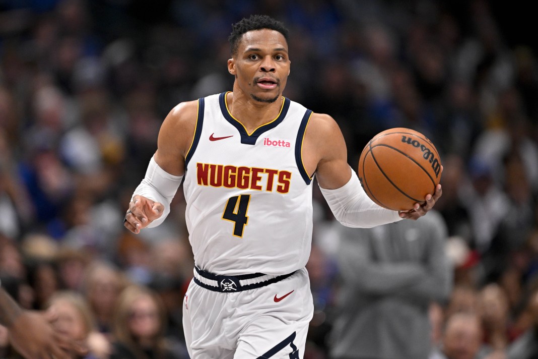 Nuggets guard Russell Westbrook brings the ball up during the 2024-25 NBA season.