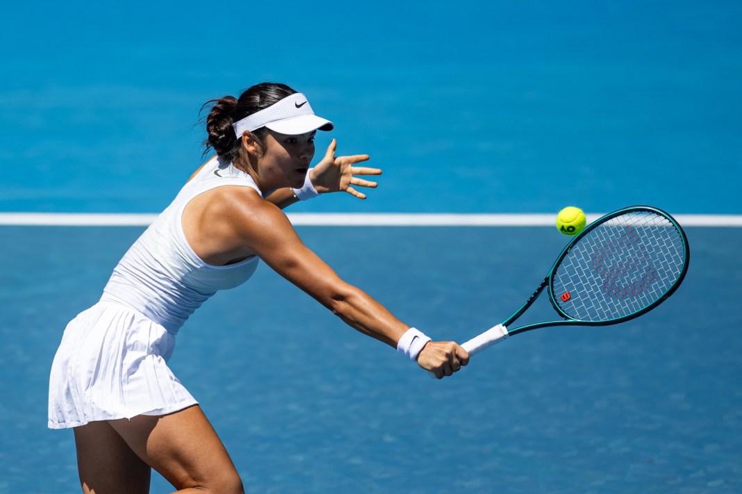 Emma Raducanu hits a backhand in her match against Ekaterina Alexandrova at the 2025 Australian Open.