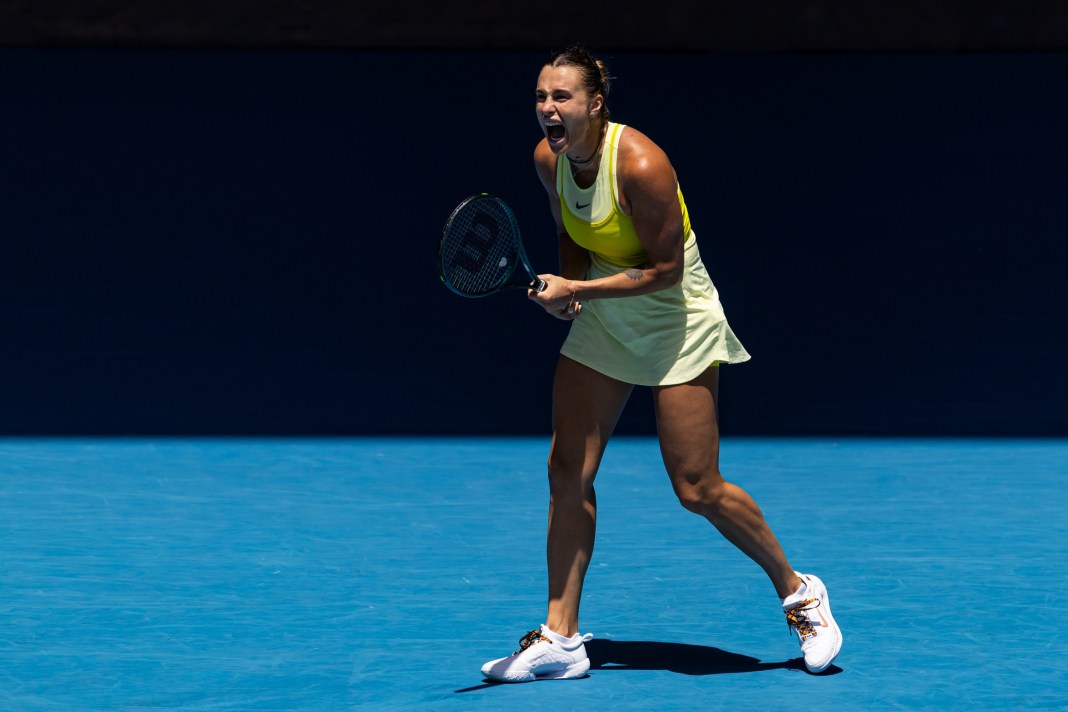 Aryna Sabalenka celebrates a big point during her match against Clara Tauson at the 2025 Australian Open.