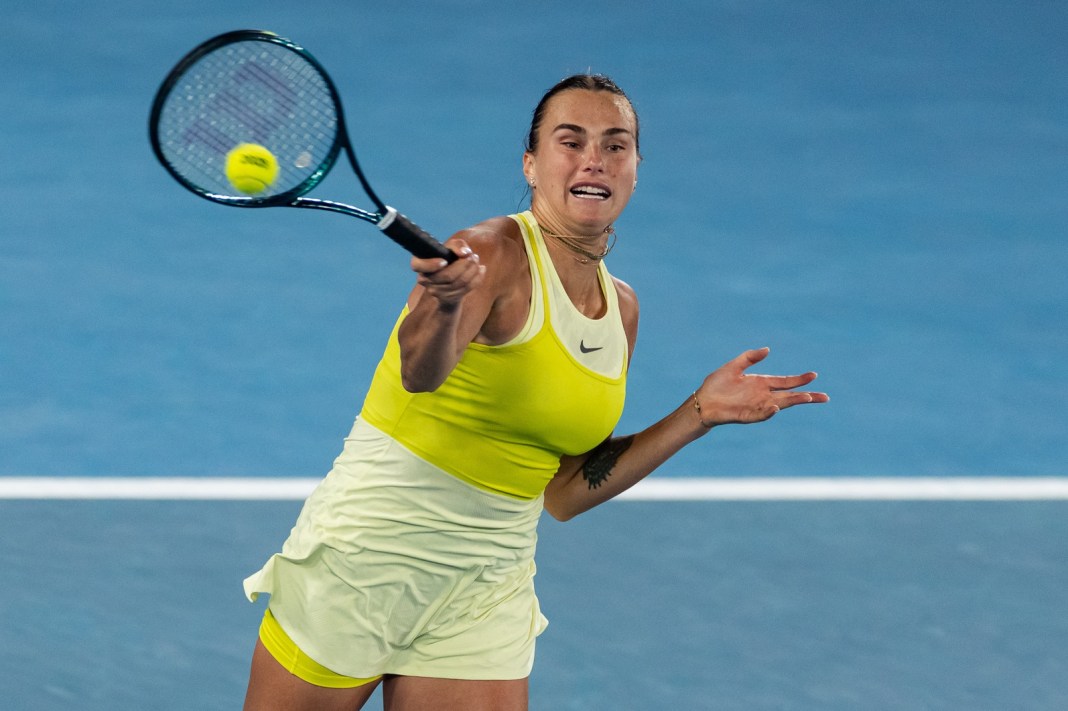 Aryna Sabalenka hits a forehand against Anastasia Pavlyuchenkova at the 2025 Australian Open.