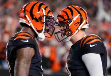 NFL Survivor Pool Week 5 Picks Bengals wide receiver Tee Higgins (5) and quarterback Joe Burrow (9) celebrate a fourth-quarter touchdown against the Broncos at Paycor Stadium on December 28, 2024.