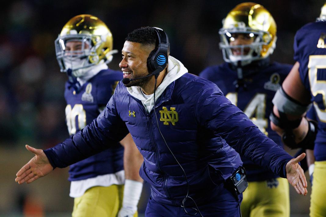 Notre Dame head coach Marcus Freeman celebrates a touchdown during the College Football Playoff first-round game against Indiana at Notre Dame Stadium on December 20, 2024, in South Bend