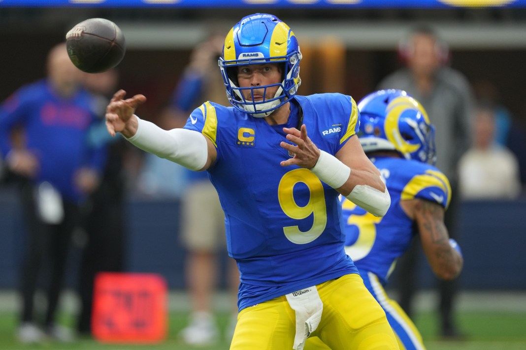 Los Angeles Rams quarterback Matthew Stafford (9) throws a pass during the first half against the Buffalo Bills at SoFi Stadium on December 8, 2024