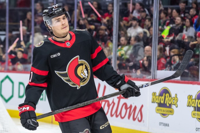 Ottawa Senators center Ridly Greig (71) skates during the second period against the Minnesota Wild at the Canadian Tire Centre on February 1, 2025.