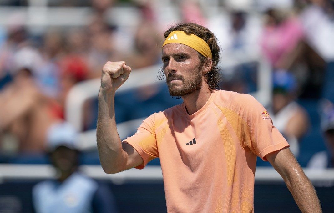 Stefanos Tsitsipas celebrates a big point against Jan-Lennard Struff in Cincinnati during the 2024 tennis season.