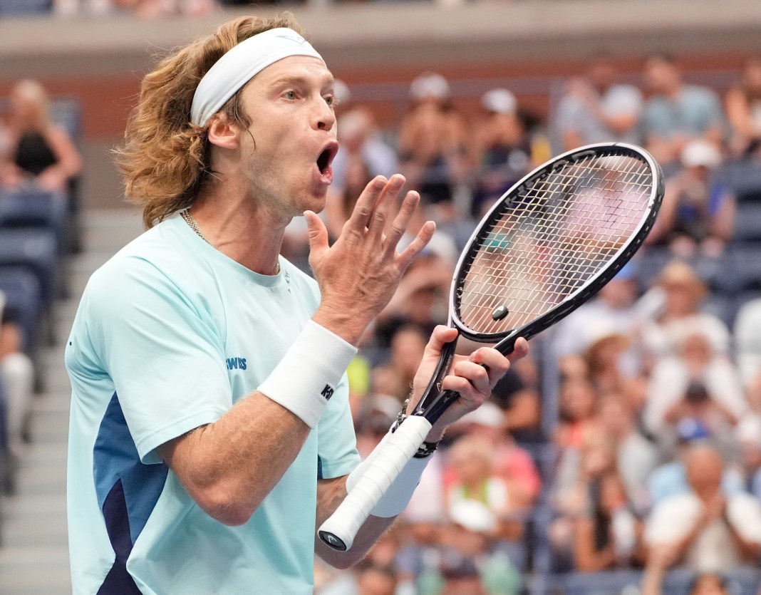 Andrey Rublev reacts to a point at the 2024 US Open.