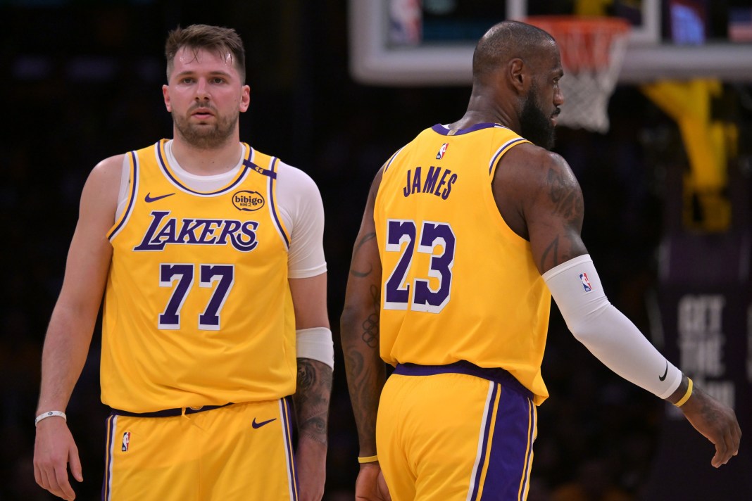 Lakers superstars Luka Doncic and LeBron James share the floor against the Jazz during the 2024-25 NBA season.