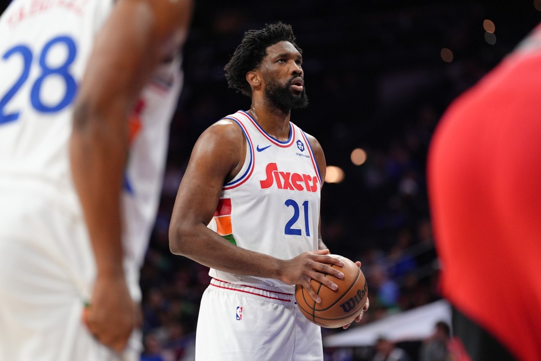 Sixers star Joel Embiid takes a free throw against the Raptors during the 2024-25 NBA season.